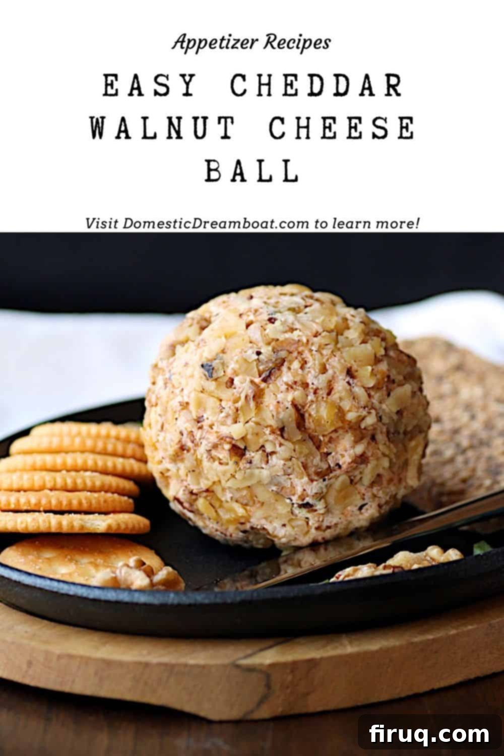 Perfect Party Appetizer: Cheddar Walnut Cheese Ball A festive platter with the Easy Cheddar Walnut Cheese Ball, surrounded by various crackers and fresh herbs, ready for a party.
