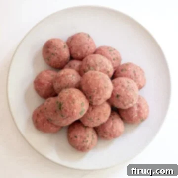 Nonna's Crispy Italian Meatballs 5 Raw meatballs on a plate.