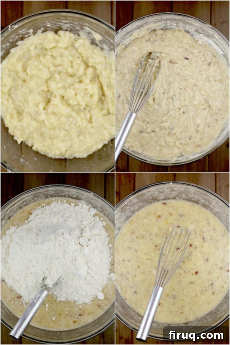 Heirloom Banana Bread 5 A collage of four images illustrating the dairy-free banana bread preparation: mashed bananas, wet ingredients mixed, flour incorporated, and finished batter ready for baking.