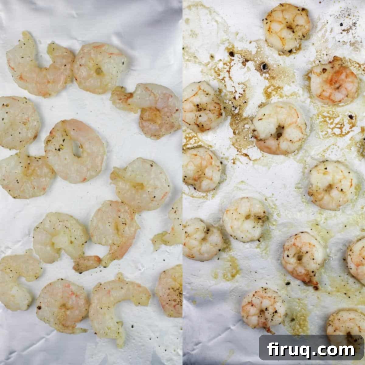 Buffalo Shrimp Poppers 4 collage of 2 photos showing uncooked and cooked shrimp on bake sheet