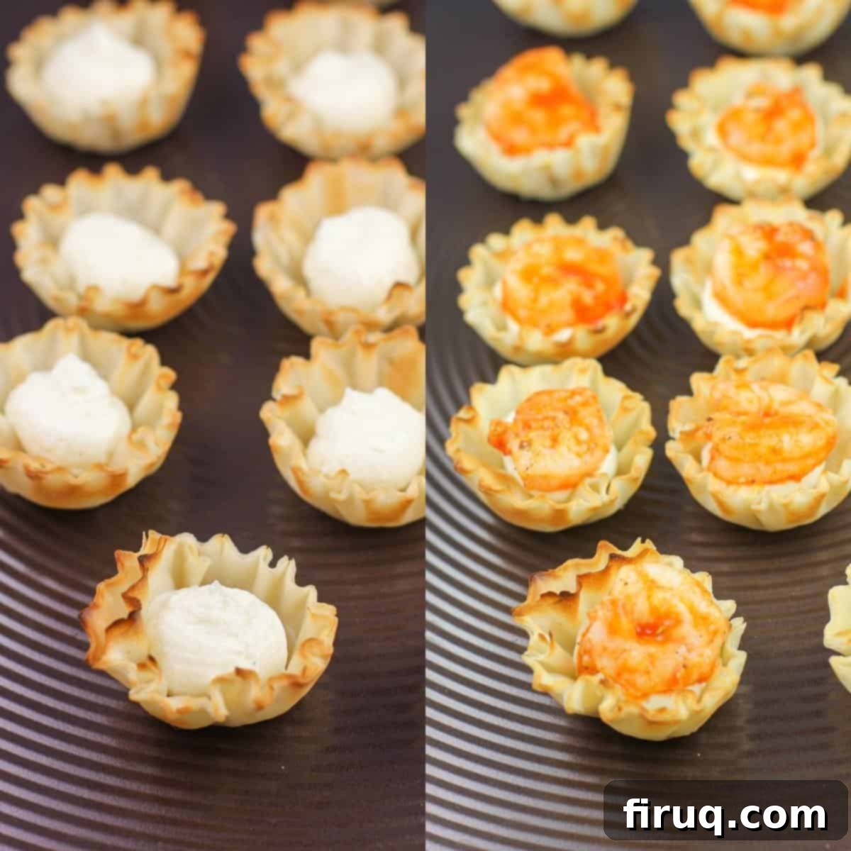 Buffalo Shrimp Poppers 5 collage of 2 photos: left, phyllo shells with cream cheese layer; right, topped with buffalo shrimp