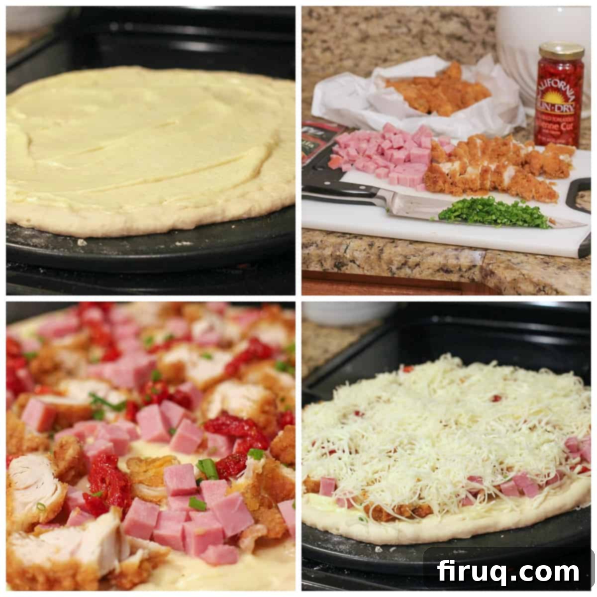 Chicken Cordon Bleu Pizza 6 A four-panel collage illustrating the pizza assembly process: creamy sauce spread on dough, all toppings prepared, toppings on the pizza, and cheeses layered over the toppings.