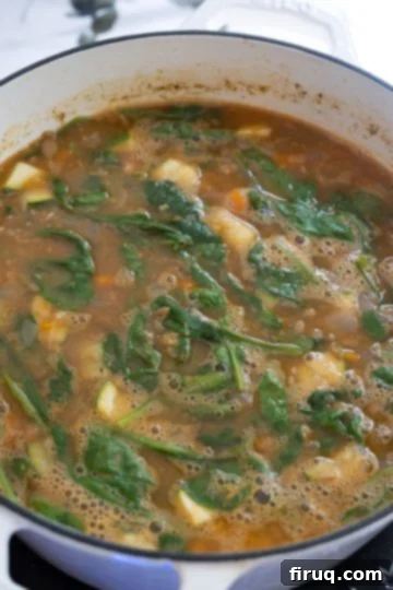 Hearty White Bean Lentil Soup 11 Spinach wilted in the lentil soup.