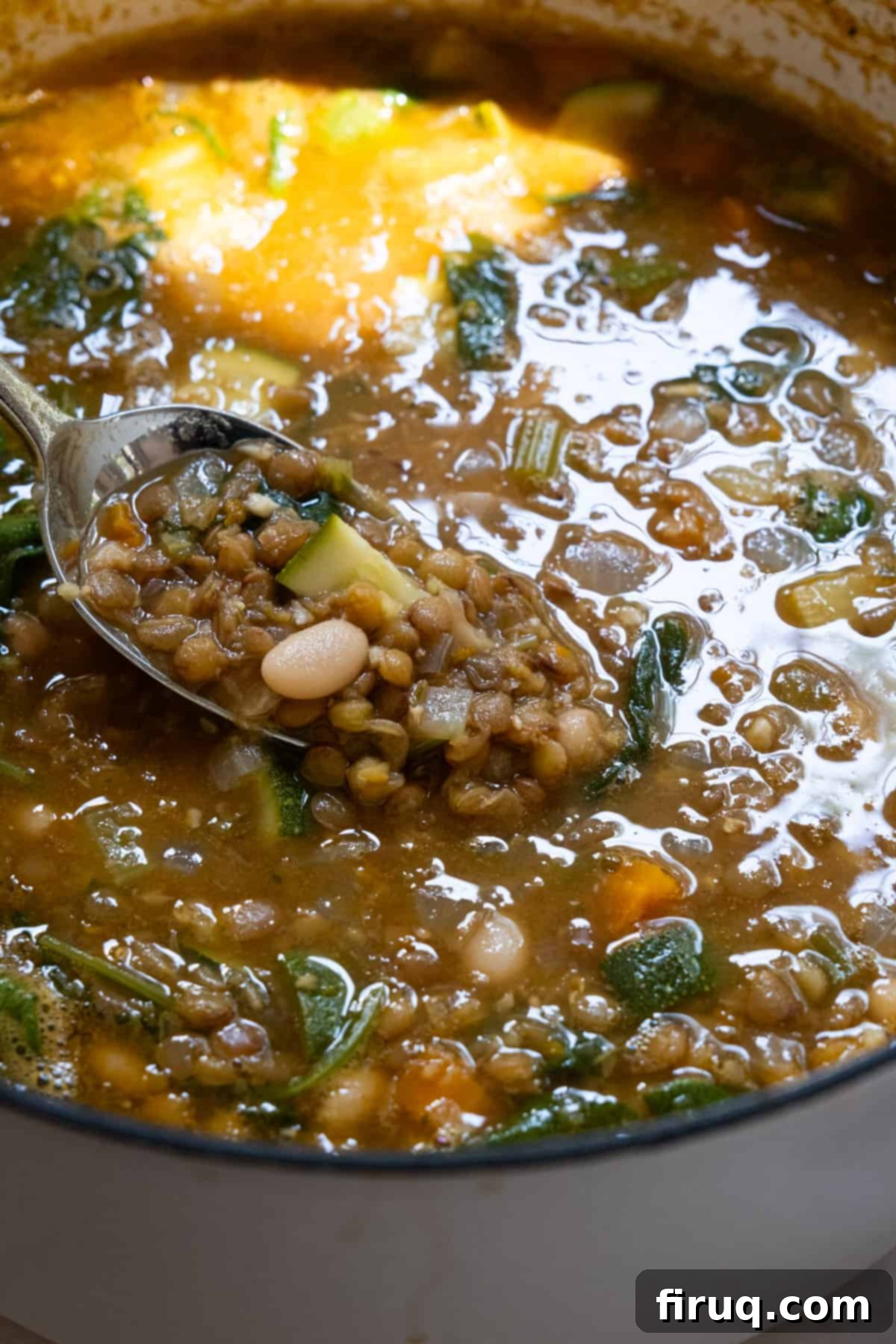 Hearty White Bean Lentil Soup 12 Finished white bean and lentil soup in a pot.