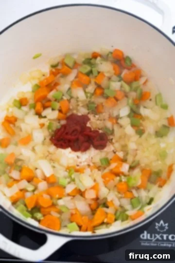 Hearty White Bean Lentil Soup 5 tomato paste added to sofritto.