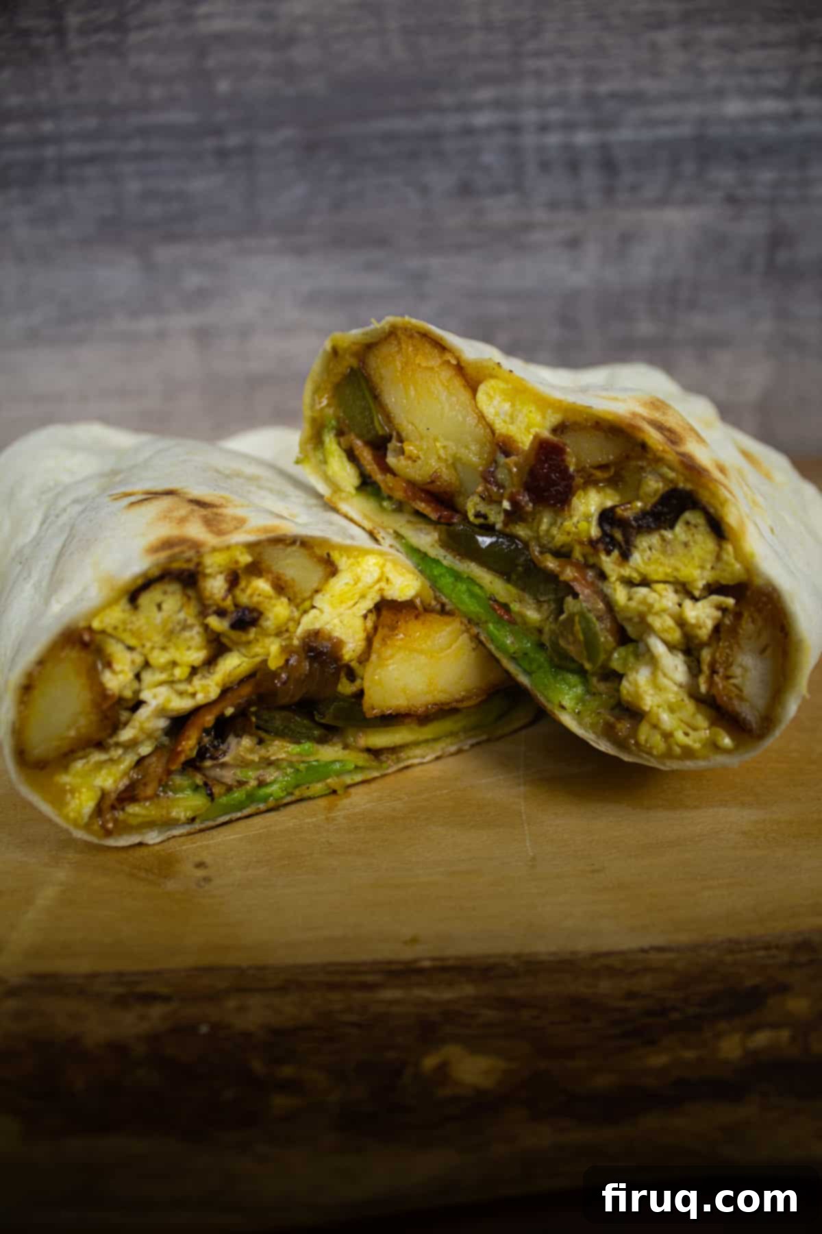 Fiesta Potato Morning Wrap 4 Southwest potato breakfast burrito cut in half showing potatoes, eggs, peppers and onions, bacon and cheese.