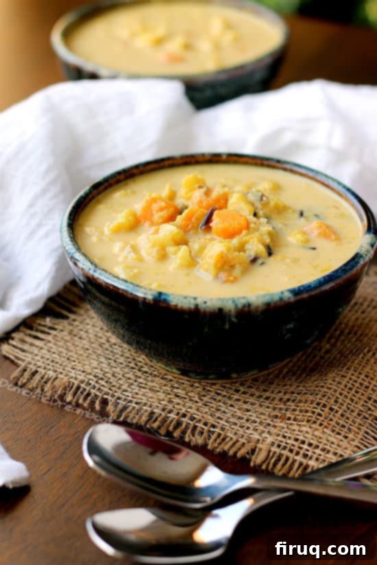 Curried Cauliflower Soup with Sweet Potato Close-up A closer look at the creamy texture of Curried Cauliflower Soup with Sweet Potato.