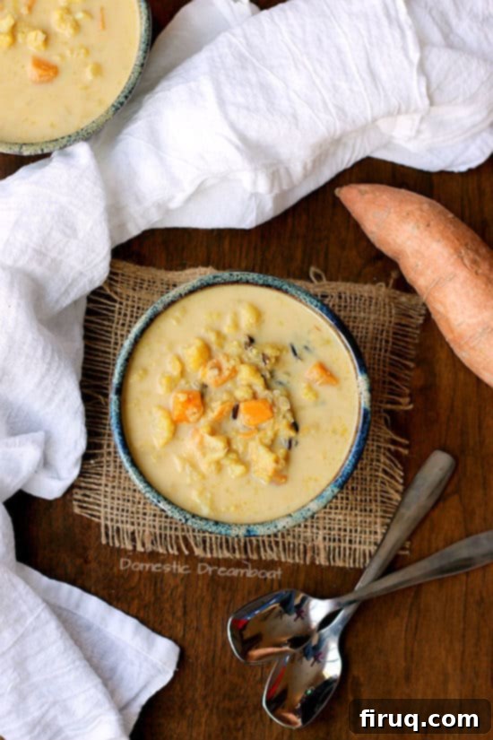 Curried Cauliflower Soup with Sweet Potato Serving A serving of Curried Cauliflower Soup with Sweet Potato in a bowl, ready to enjoy.