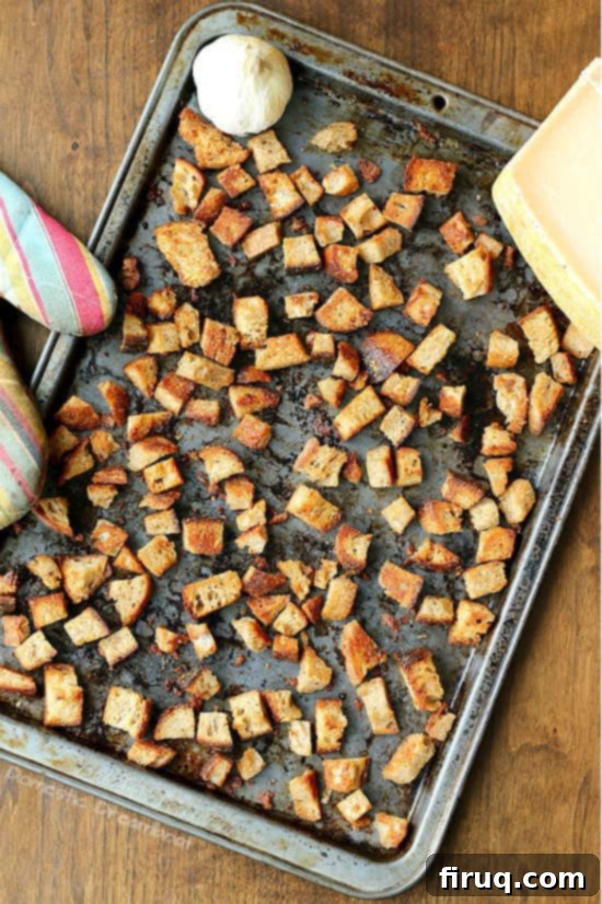 Freshly Baked Garlic Parmesan Croutons Homemade Garlic Parmesan Croutons - So easy, plus tastes better and costs less than store bought!