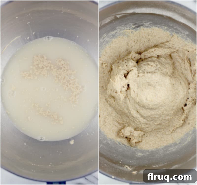 Healthy Whole Wheat Pizza Dough 4 collage of 2 photos showing the preparation for the first rise