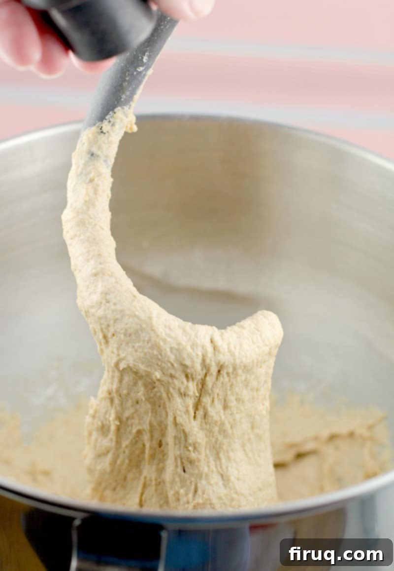 Healthy Whole Wheat Pizza Dough 5 dough hook lifting up dough to show how it is stretchy after the kneading