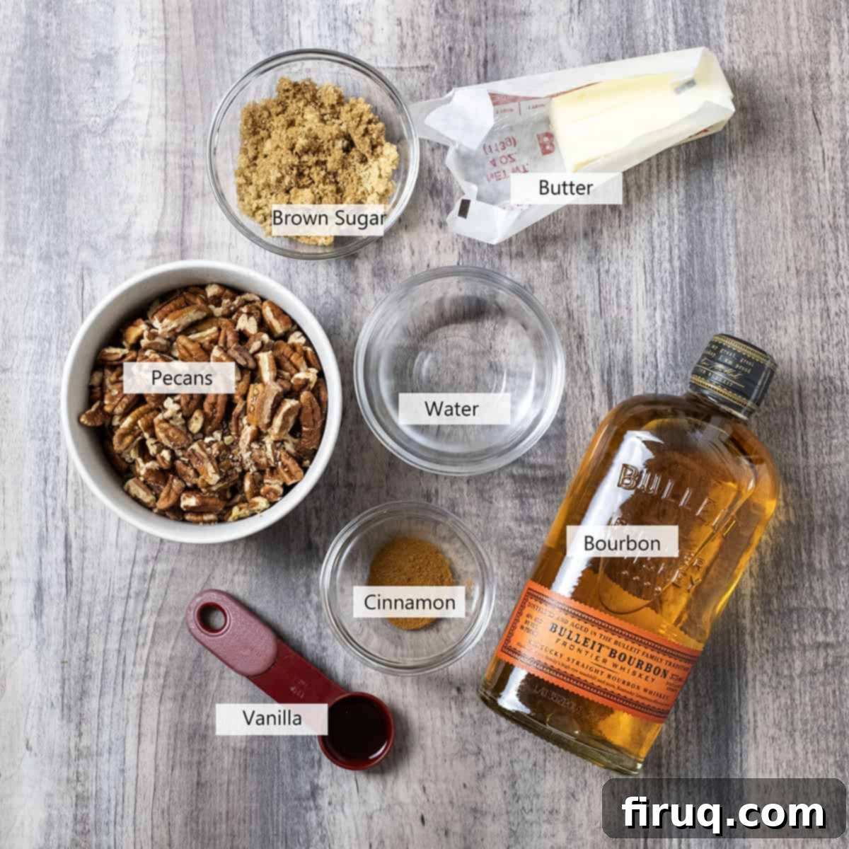 Decadent Bourbon Candied Pecans 3 Ingredients for the recipe, including pecans, brown sugar, butter, bourbon, vanilla, and cinnamon.