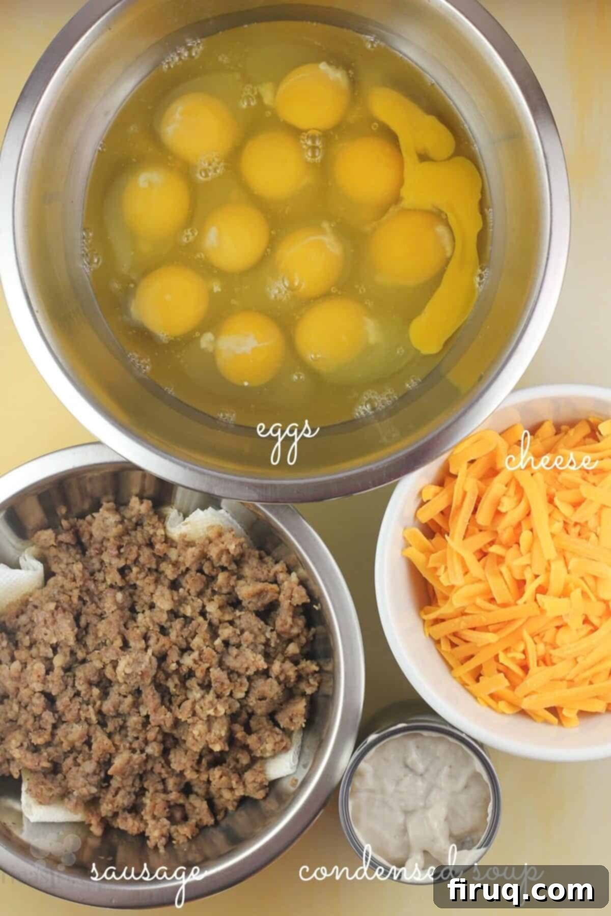 Hearty Sausage & Vegetable Bake 4 Four bowls and a can, clearly labeled, display the core ingredients for the sausage casserole: eggs, shredded cheese, browned sausage, and condensed cream of mushroom soup.
