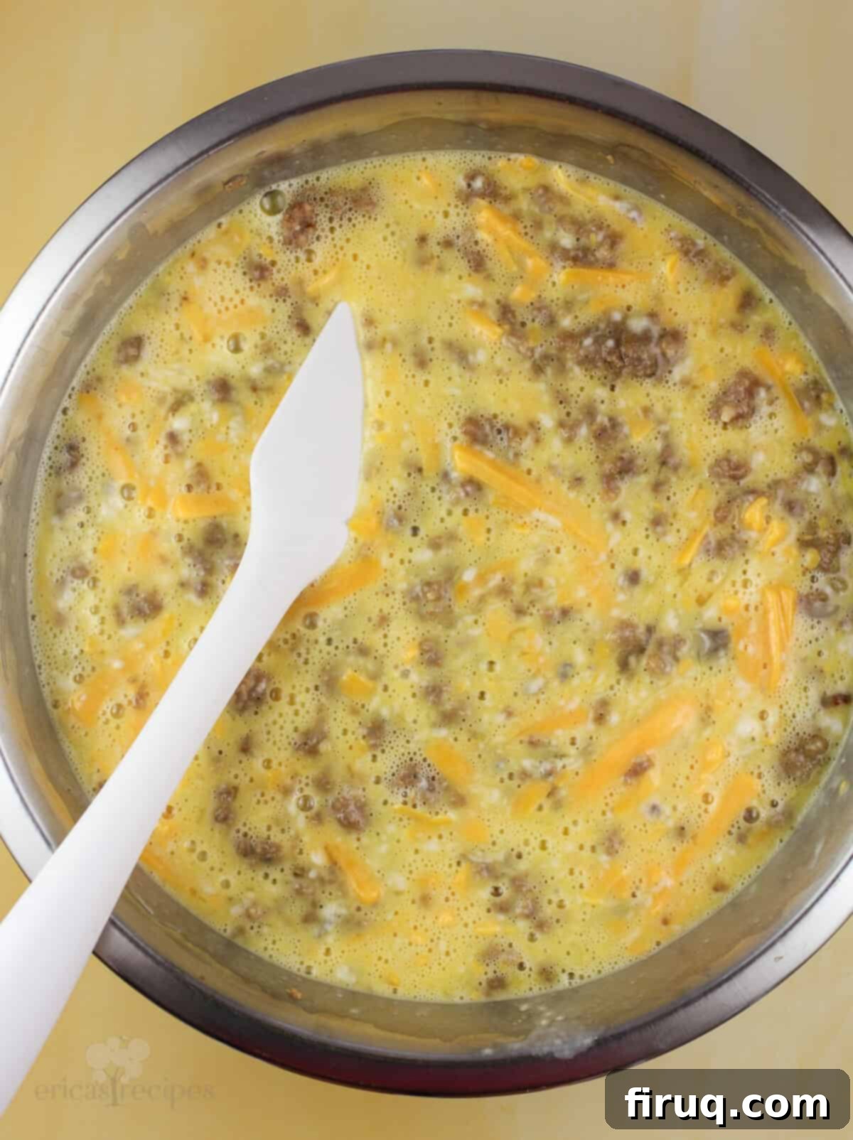 Hearty Sausage & Vegetable Bake 5 Close-up of casserole ingredients, including browned sausage, whisked eggs, shredded cheese, and cream of mushroom soup, mixed together in a large metal bowl with a white rubber spatula.