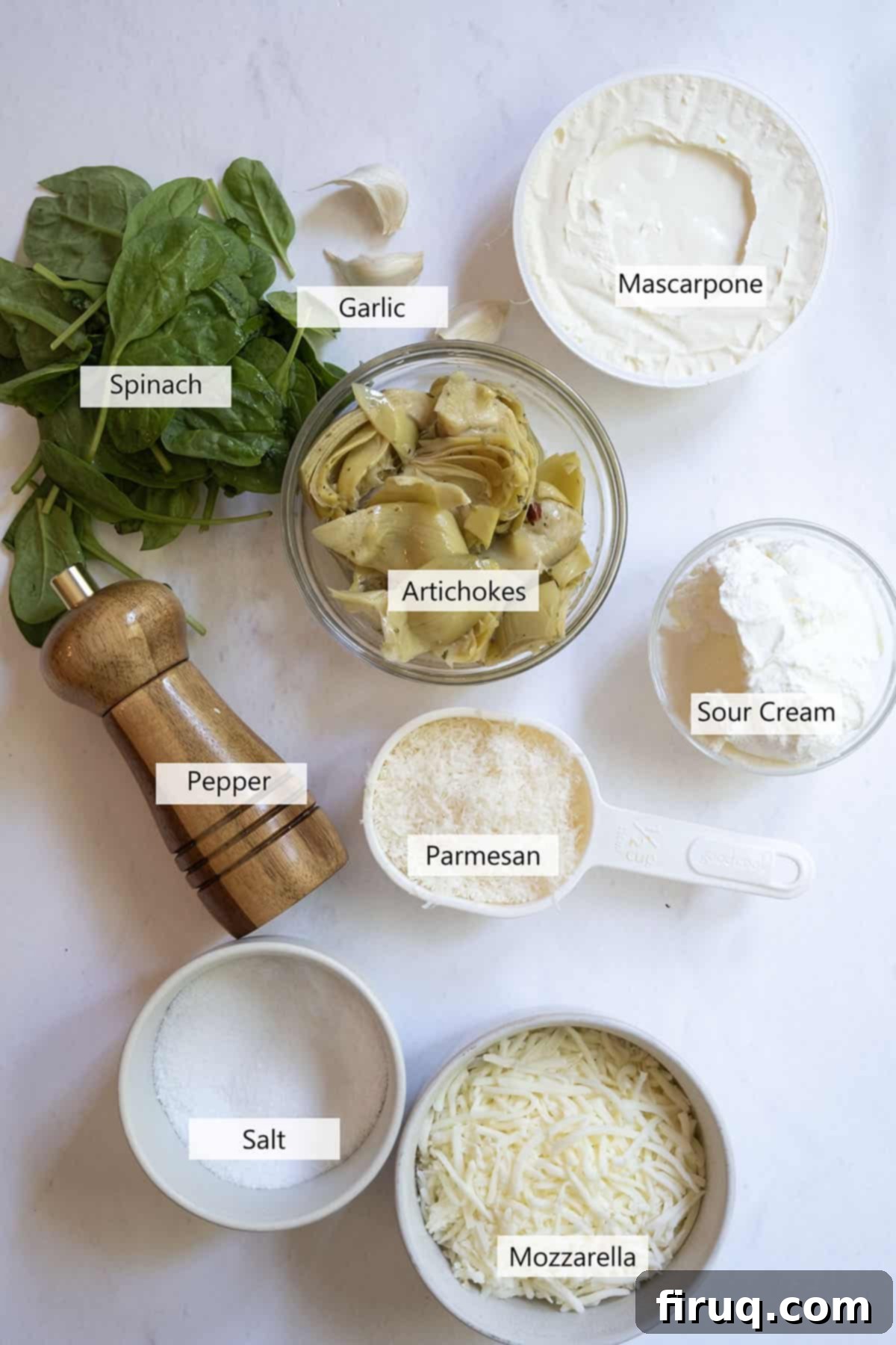 Guilt-Free Creamy Spinach Artichoke Dip 3 Ingredients for the recipe.