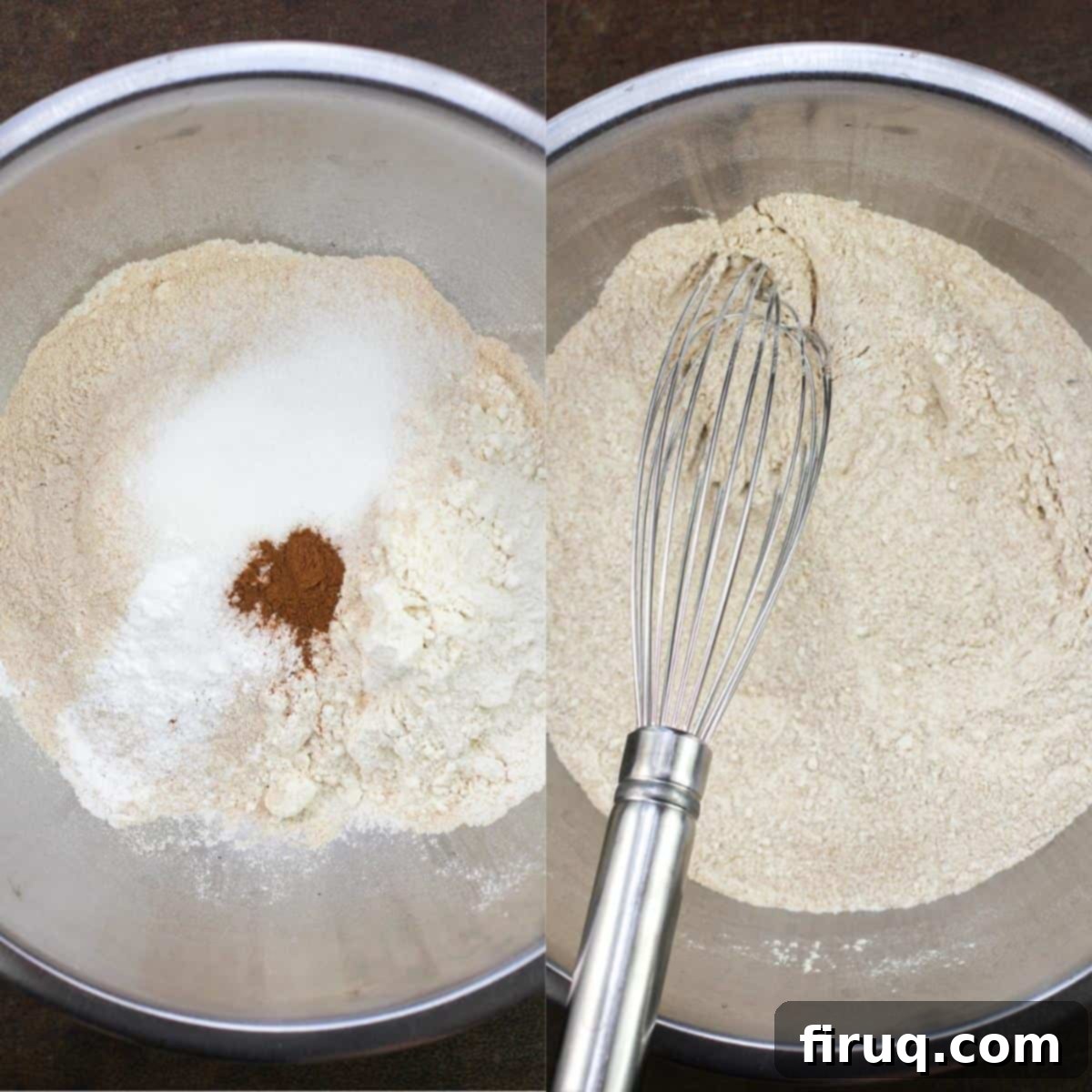 Fluffy Cinnamon Applesauce Pancakes 4 collage of 2 photos: left, dry pancake ingredients in metal bowl; right, dry ingredients mixed with whisk