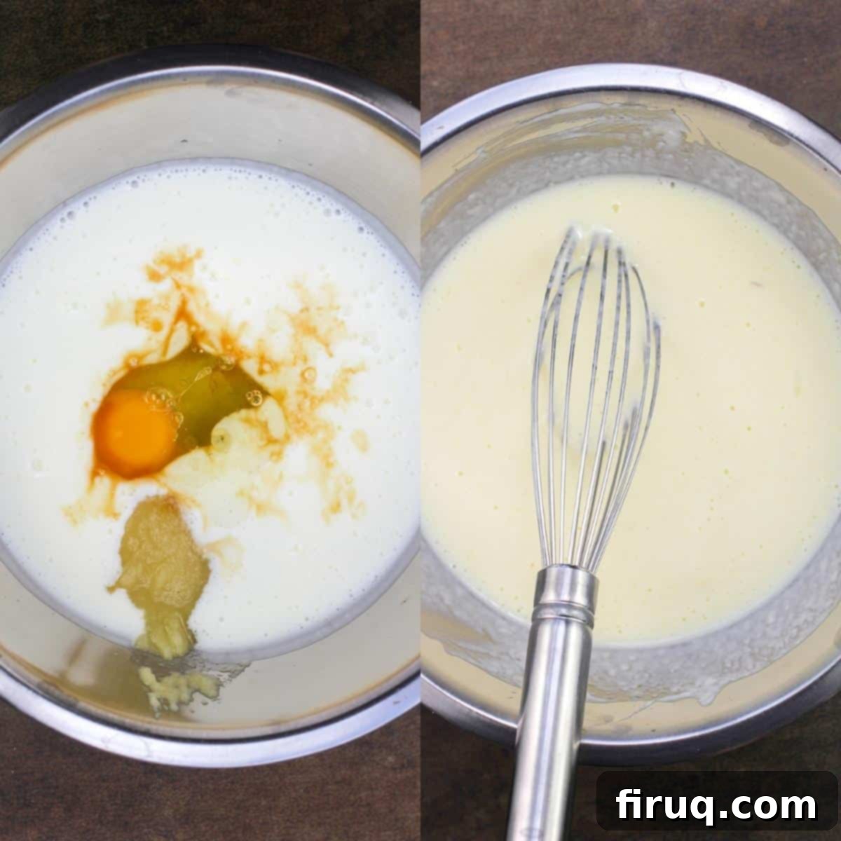 Fluffy Cinnamon Applesauce Pancakes 5 collage of 2 photos: left, wet pancake ingredients in metal bowl; right, wet ingredients mixed with whisk