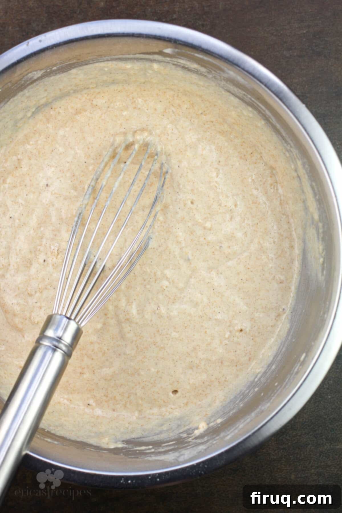 Fluffy Cinnamon Applesauce Pancakes 6 batter with whisk in metal bowl