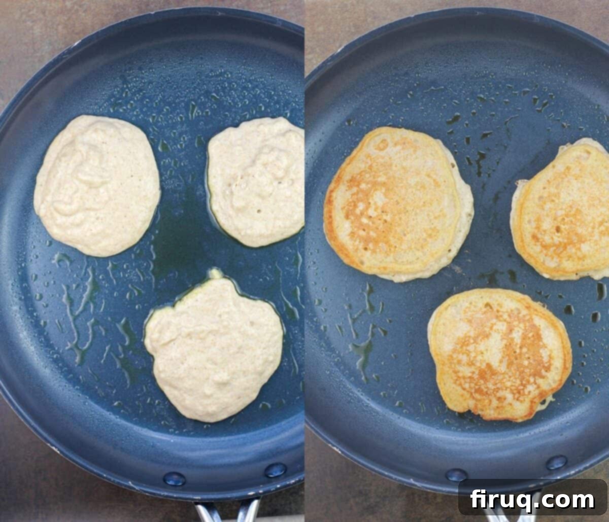 Fluffy Cinnamon Applesauce Pancakes 7 collage of 2 photos: left, 3 pancakes cooking in skillet, raw on top; right, flipped pancakes cooking in skillet