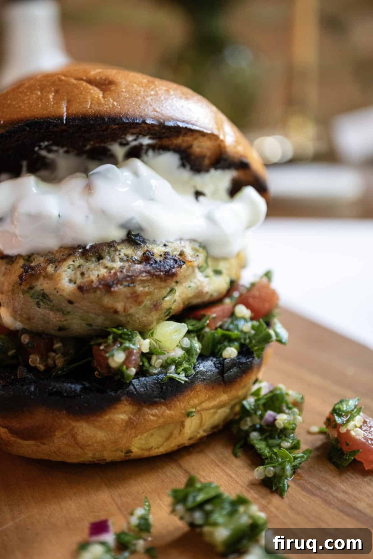 The Olympian Chicken Burger 12 Close-up of a Greek chicken burger on a toasted bun with tabbouleh and topped with tzatziki.