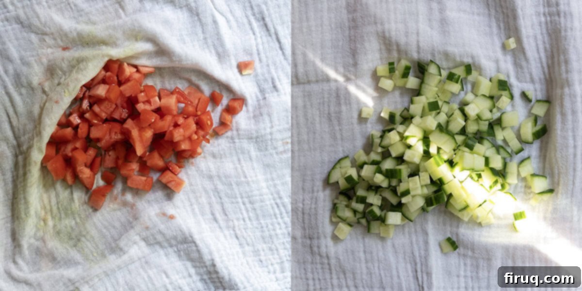 The Olympian Chicken Burger 4 Cucumber and tomato being drained on a cheesecloth
