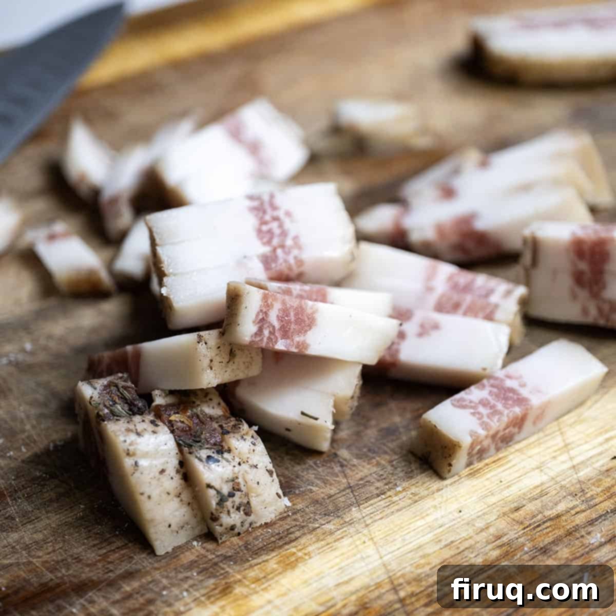 Roman Guanciale Pasta 4 Chopped pancetta on a cutting board.