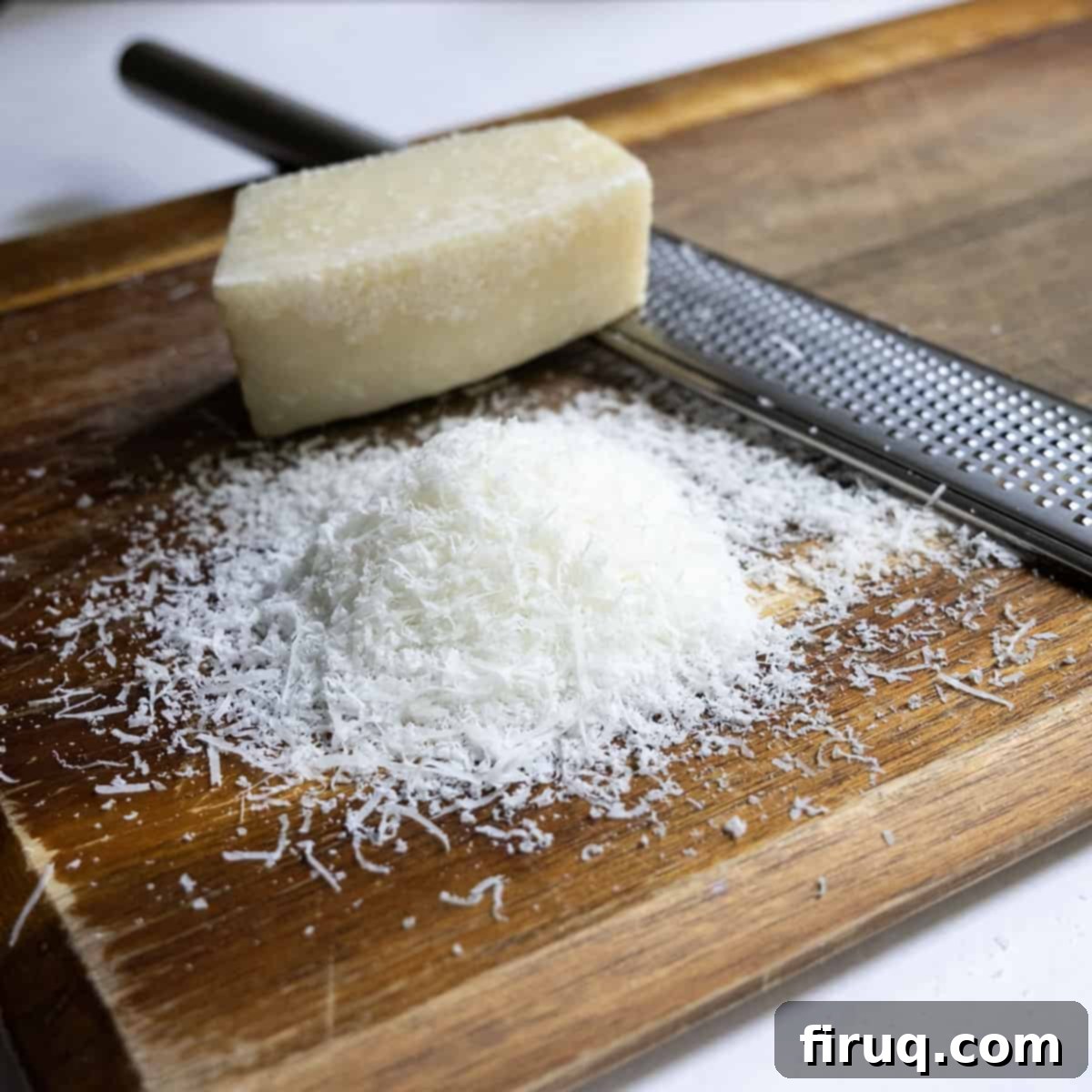 Roman Guanciale Pasta 5 Finely grated pecorino romano on a cutting board.