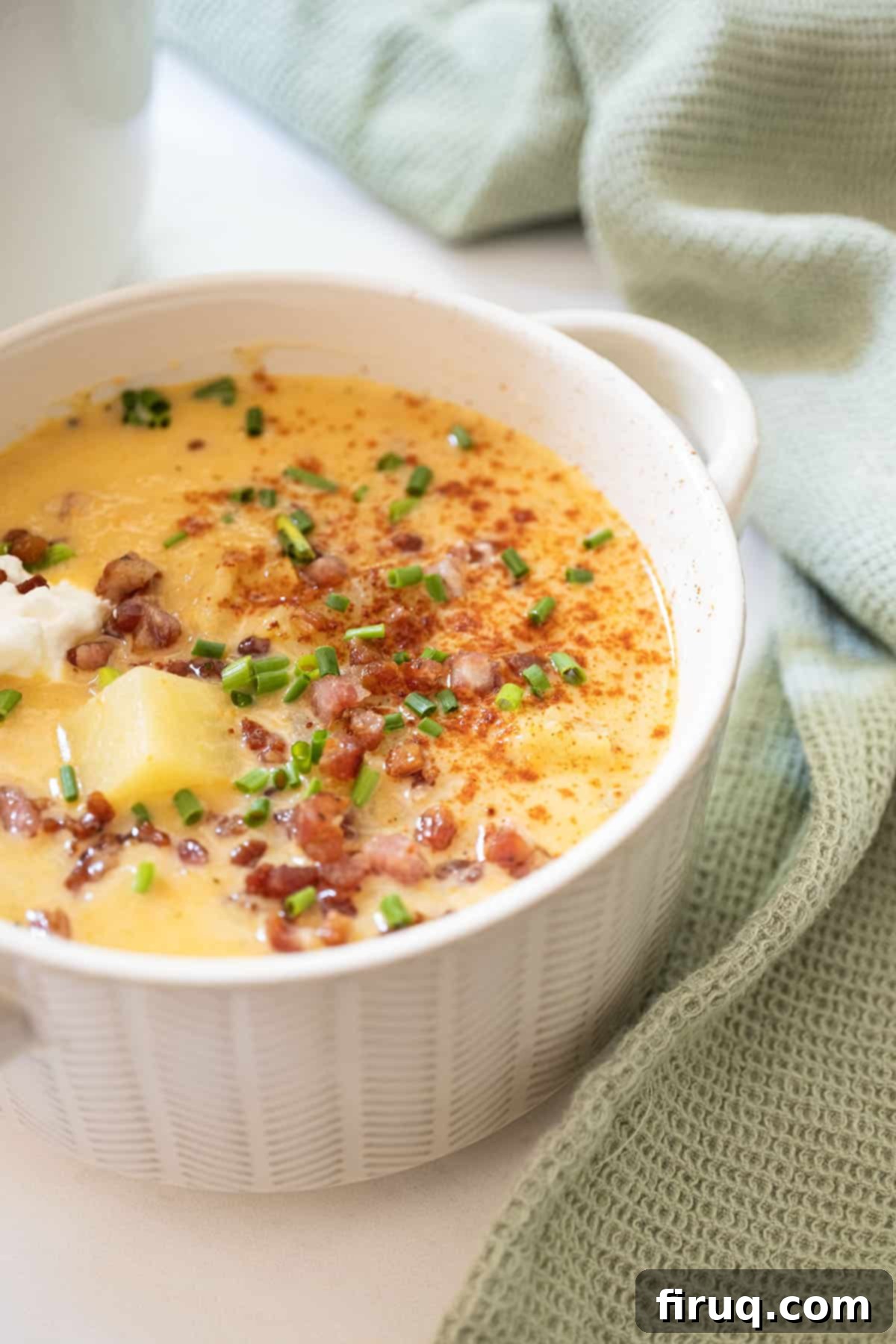 Velvety Potato and Onion Embrace 2 Creamy potato and onion soup topped with pancetta, chives, and sour cream next to the pot of soup.