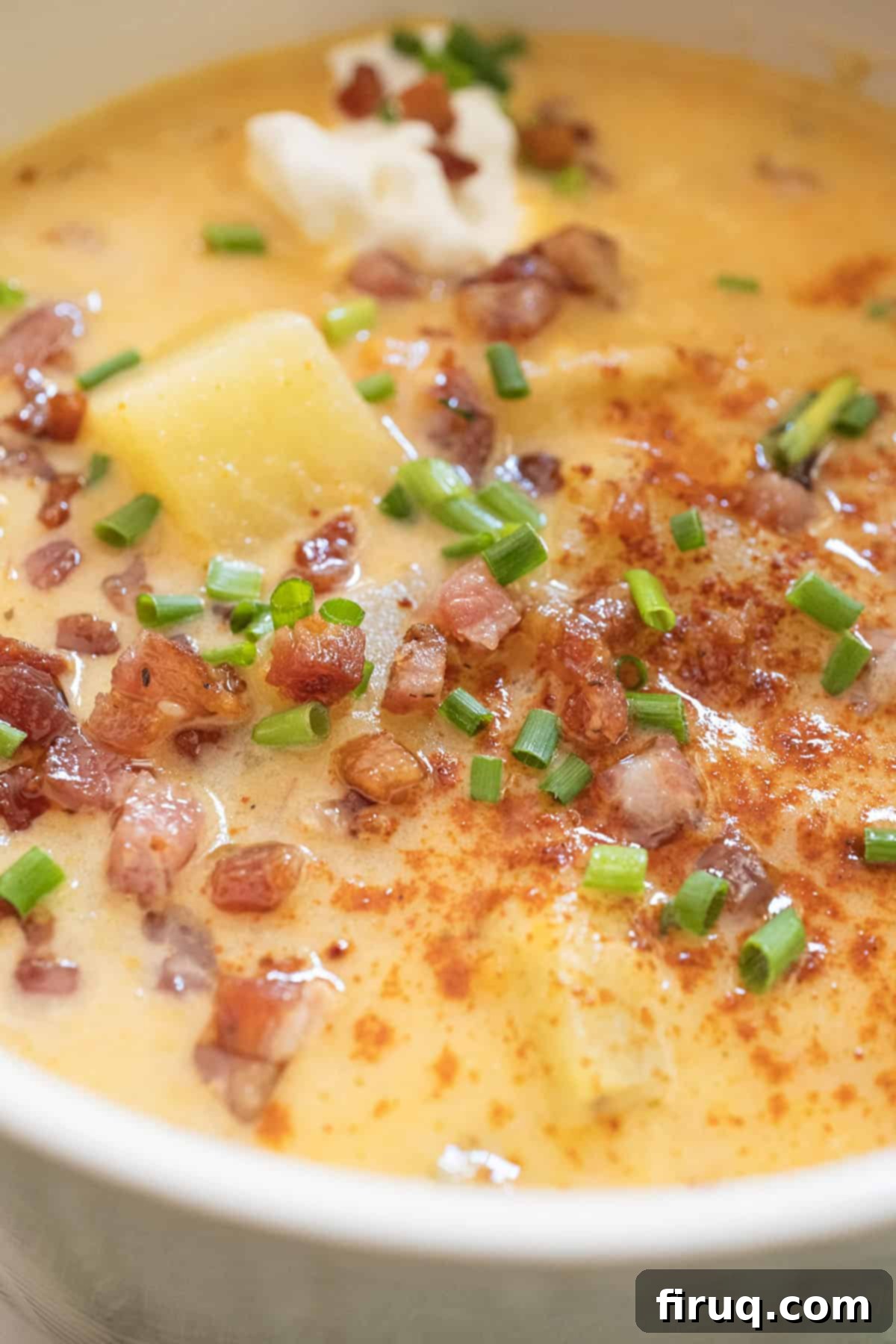 Velvety Potato and Onion Embrace 12 Creamy potato and onion soup topped with pancetta, chives, and sour cream.