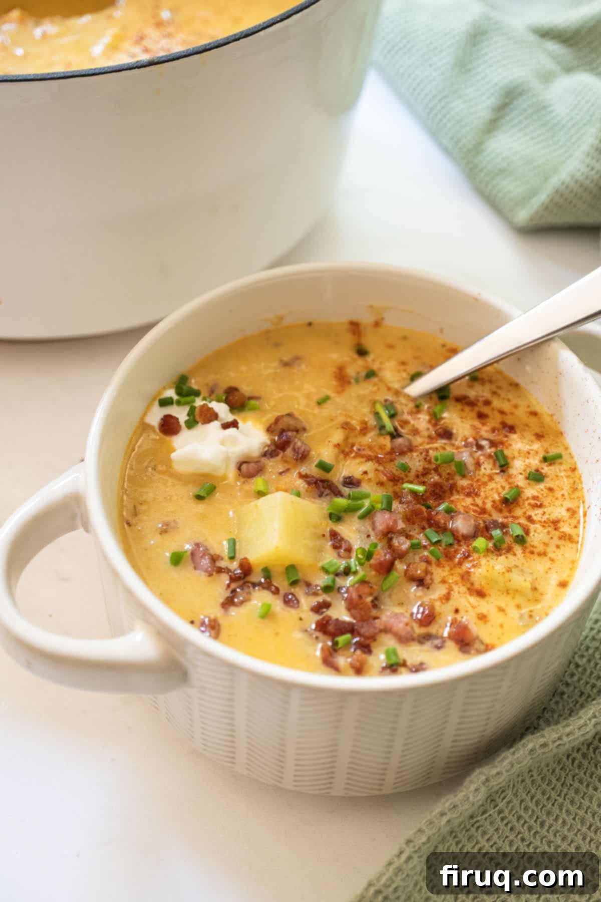 Velvety Potato and Onion Embrace 13 Creamy potato and onion soup topped with pancetta, chives, and sour cream next to the pot of soup.