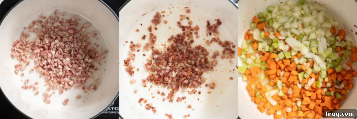 Velvety Potato and Onion Embrace 5 3 photo collage of pancetta in a cold pot, then panceta being fried golden and crispy, then sofrito being sauteed.