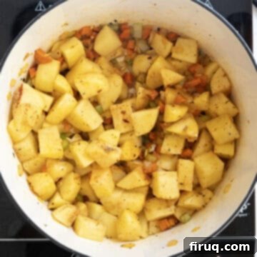 Velvety Potato and Onion Embrace 7 Potatoes added to the onion base with seasoning.