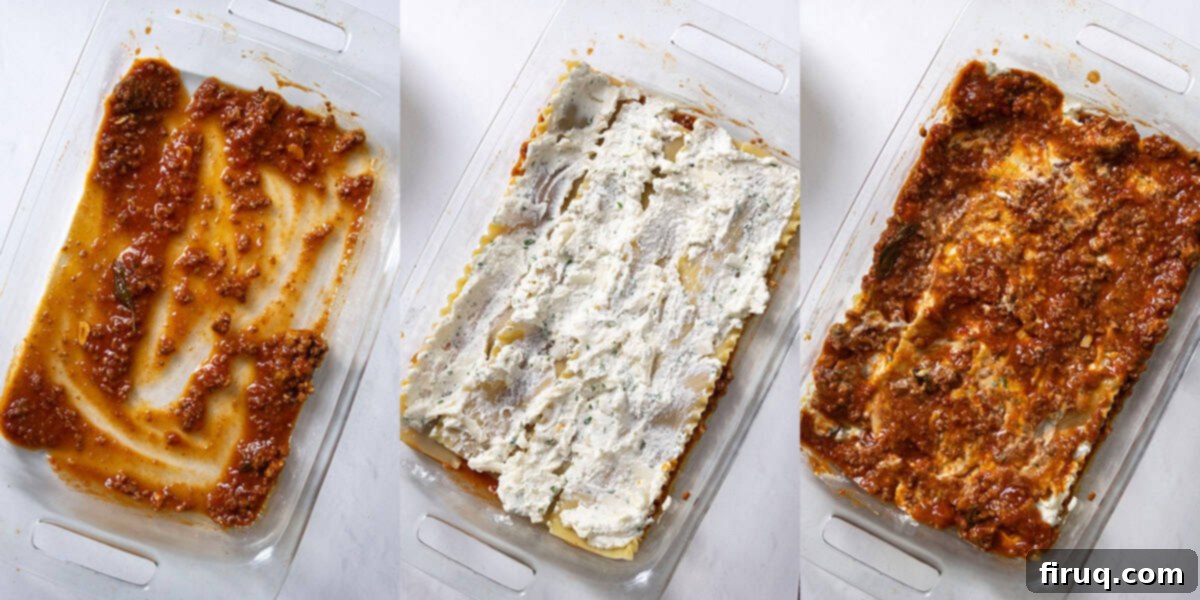 The Ultimate Homemade Italian Lasagna 11 Close-up view of the lasagna layering process in a baking dish, showing a base of rich meat sauce, followed by a layer of pasta noodles, then a creamy ricotta mixture, perfectly demonstrating the assembly steps.