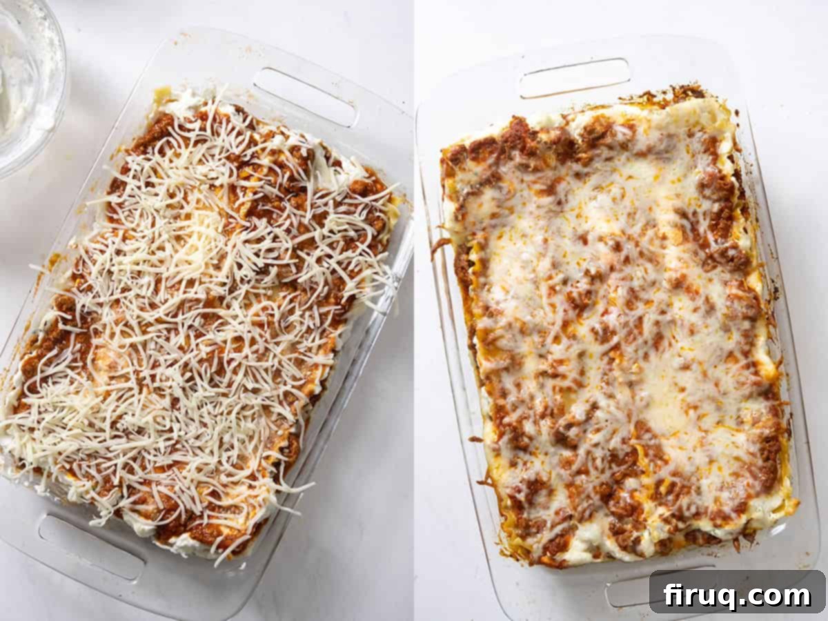 The Ultimate Homemade Italian Lasagna 12 The top layer of a delicious lasagna, generously sprinkled with shredded mozzarella cheese, ready to be baked until golden and bubbly.