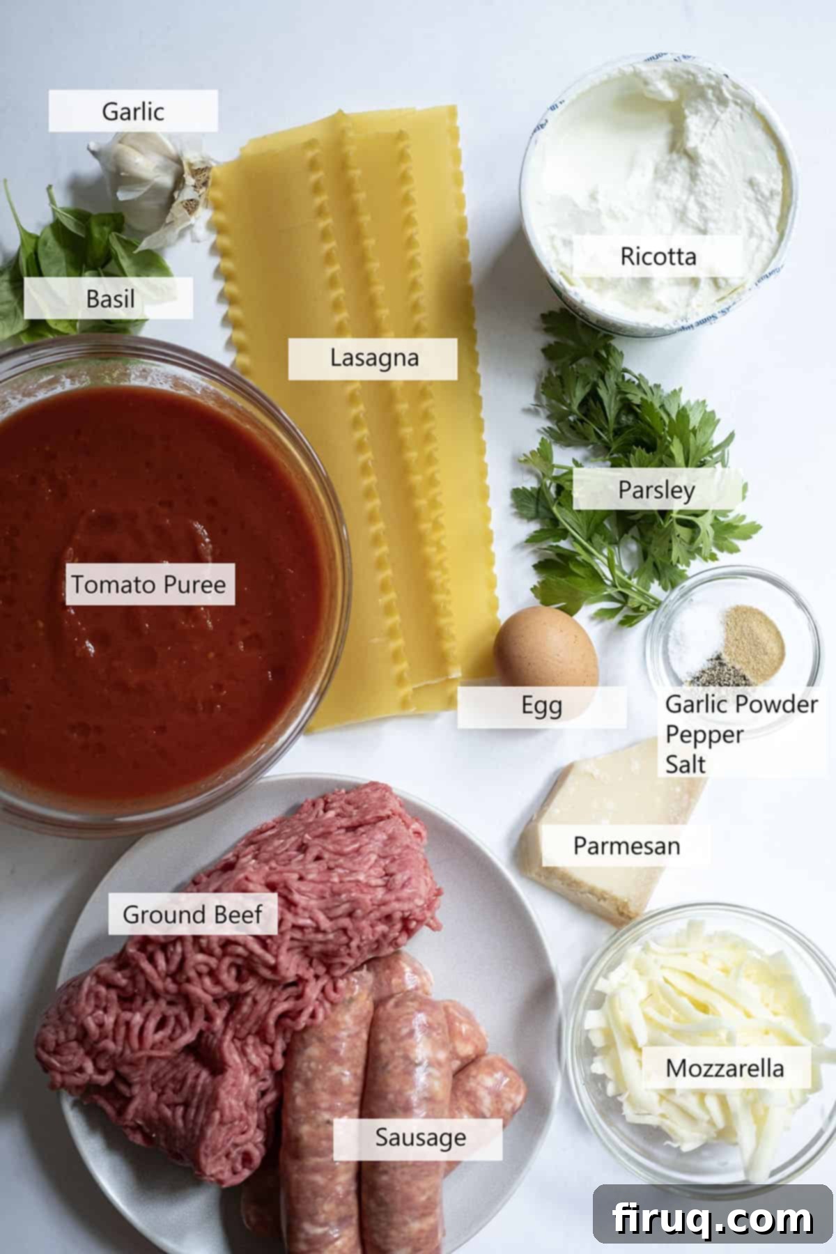 The Ultimate Homemade Italian Lasagna 3 A vibrant selection of fresh ingredients laid out, including ground meat, ricotta cheese, tomato products, and fresh herbs, ready for assembling an authentic Italian lasagna.