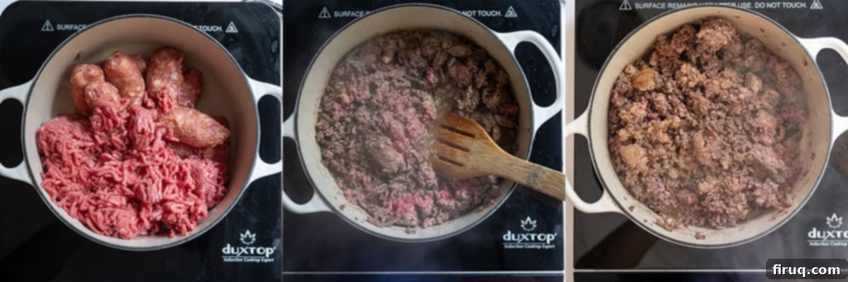 The Ultimate Homemade Italian Lasagna 5 Ground beef and sweet Italian sausage browning in a large Dutch oven on the stovetop, releasing savory aromas as it cooks.