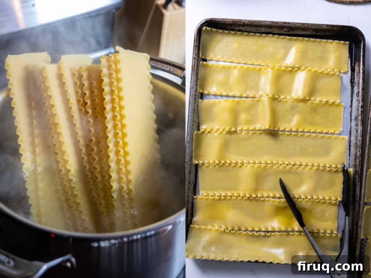 The Ultimate Homemade Italian Lasagna 10 Dried lasagna noodles boiling in a large pot of salted water, then carefully laid out on a greased baking sheet to cool and prevent sticking, showing the essential prep for layering.