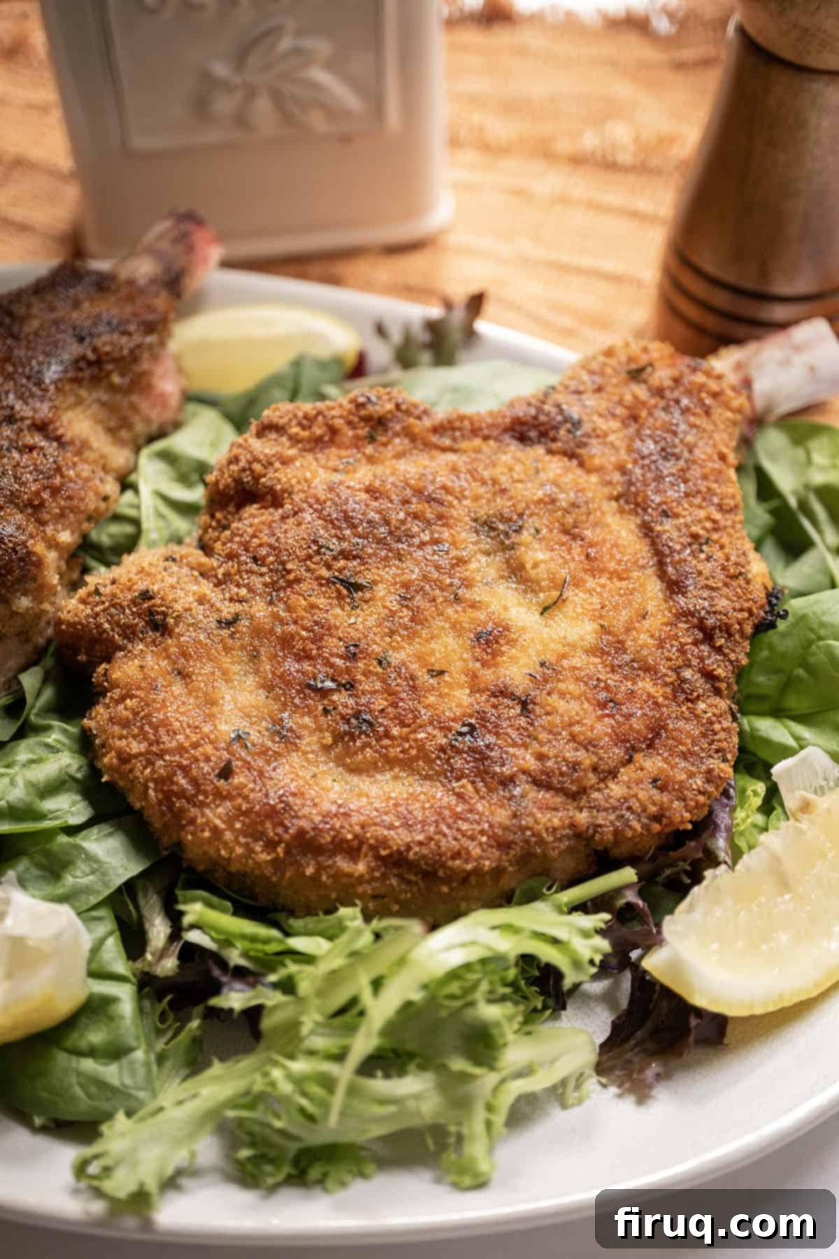 Golden Crispy Pork Milanese 2 Pork chop milanese over a greens salad and a wedge of lemon on the side.