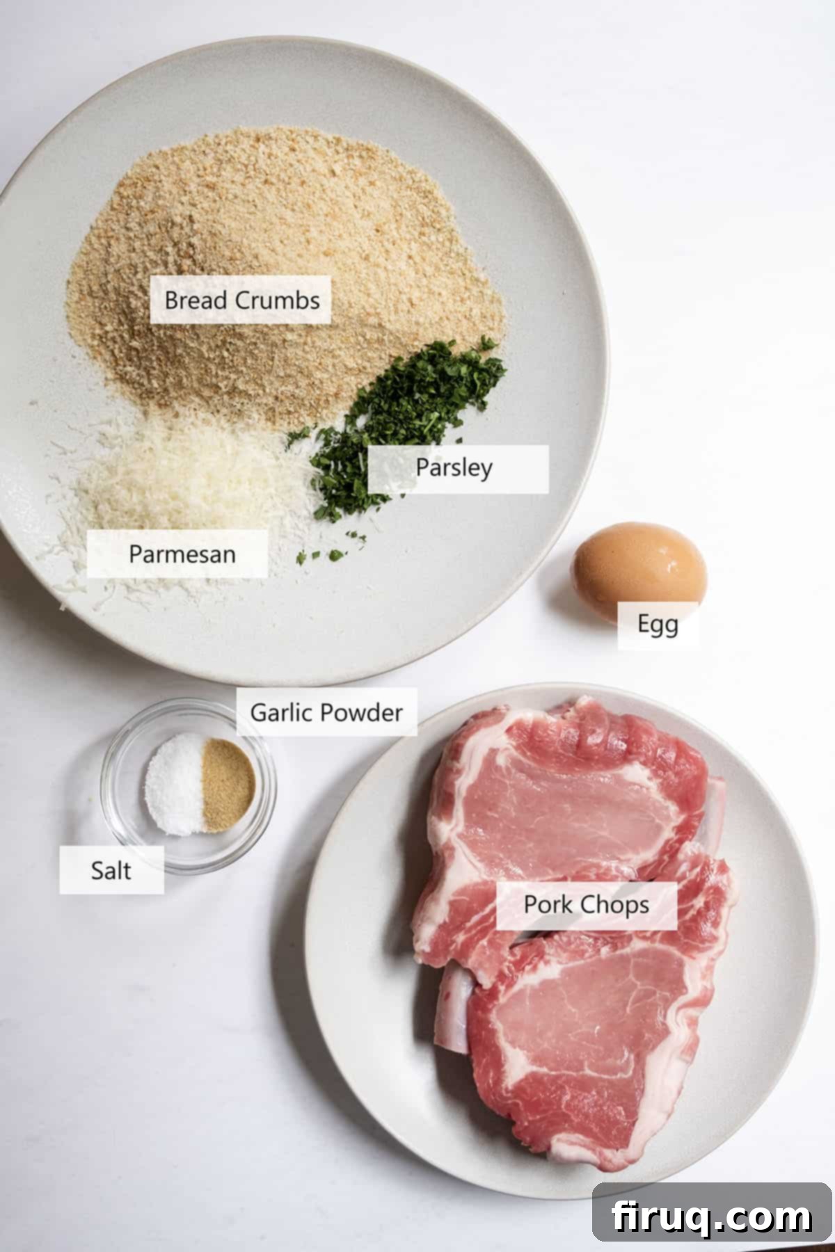 Golden Crispy Pork Milanese 3 Ingredients for pork chop milanese, including pork chops, egg, breadcrumbs, parsley, parmesan, garlic powder, salt, and olive oil.