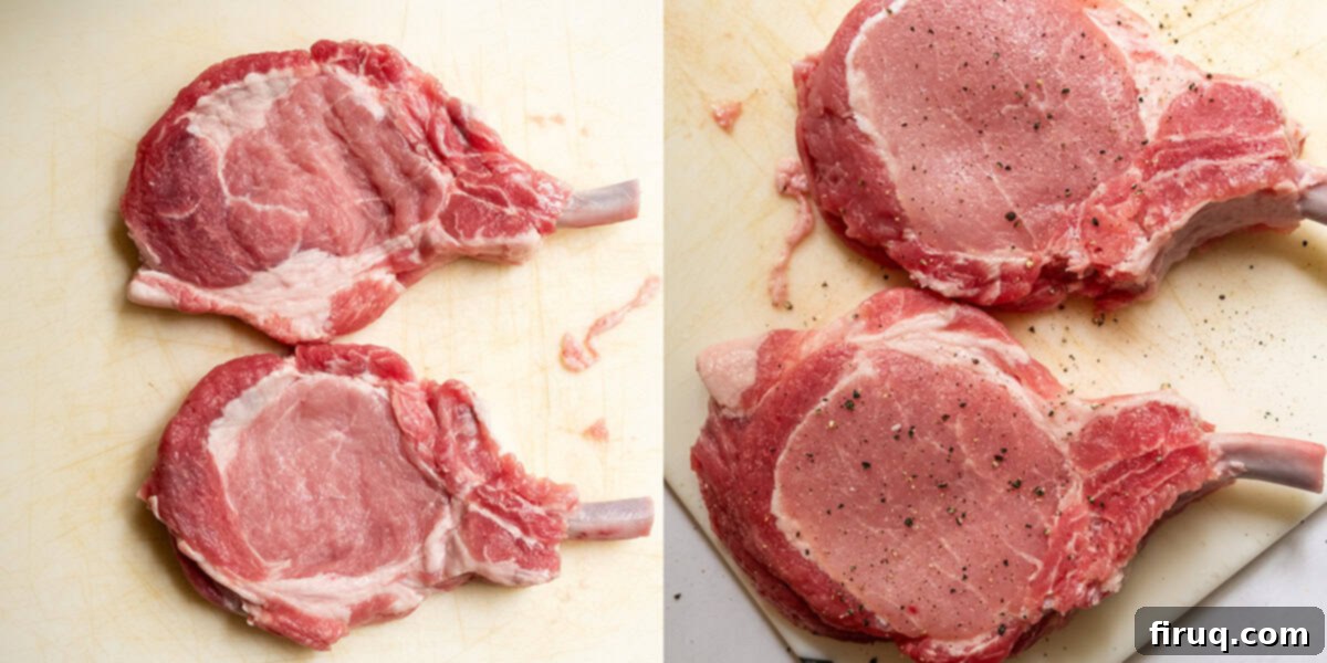 Golden Crispy Pork Milanese 4 Pork chops beaten and tenderized on left then seasoned with salt and pepper on right.