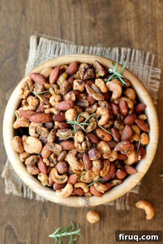 Perfectly Roasted Sweet and Spicy Nuts Close-up of Sweet and Spicy Rosemary Roasted Nuts