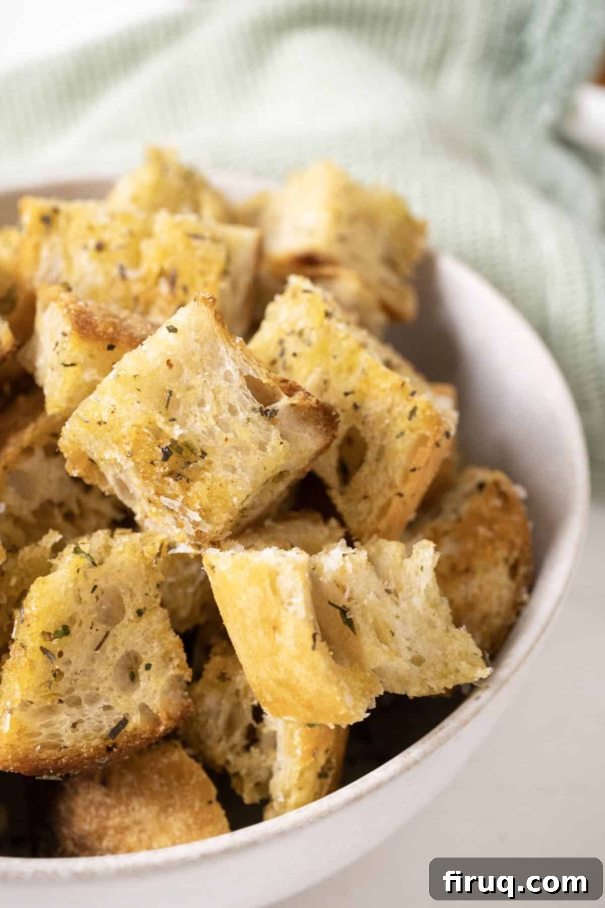 Crispy Homemade Parmesan Croutons 2 A bowl of crispy Parmesan seasoned croutons, ready to be served on salads or soups.
