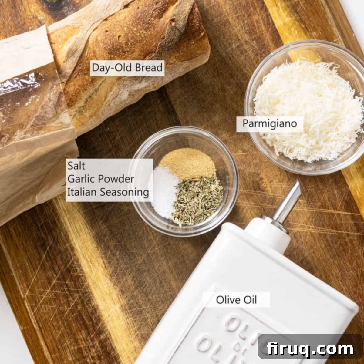 Crispy Homemade Parmesan Croutons 3 A selection of ingredients for homemade Italian Parmesan croutons, including bread, olive oil, and seasonings.