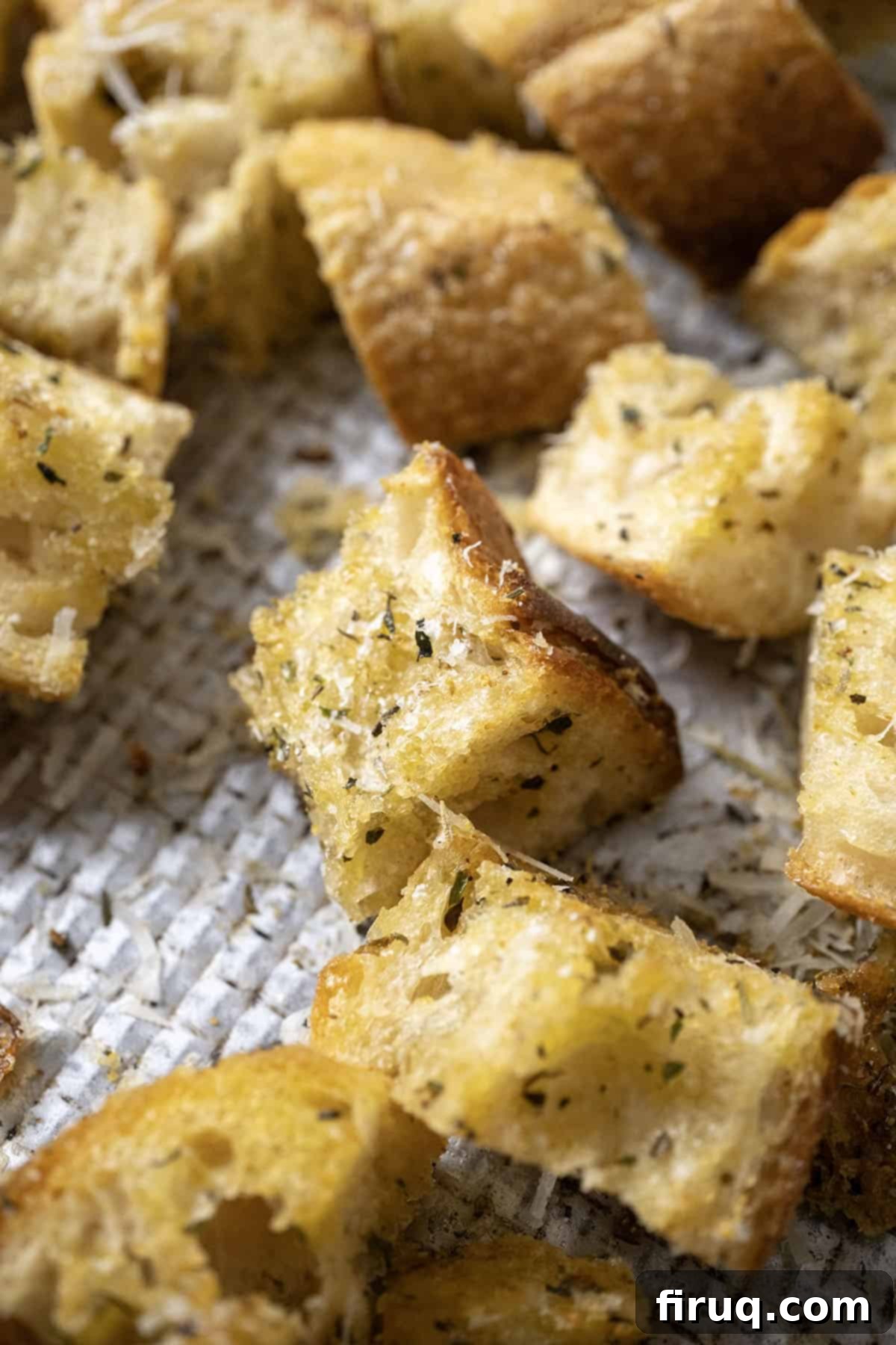 Crispy Homemade Parmesan Croutons 8 A single perfectly golden brown and crispy Parmesan seasoned crouton, ready to eat.