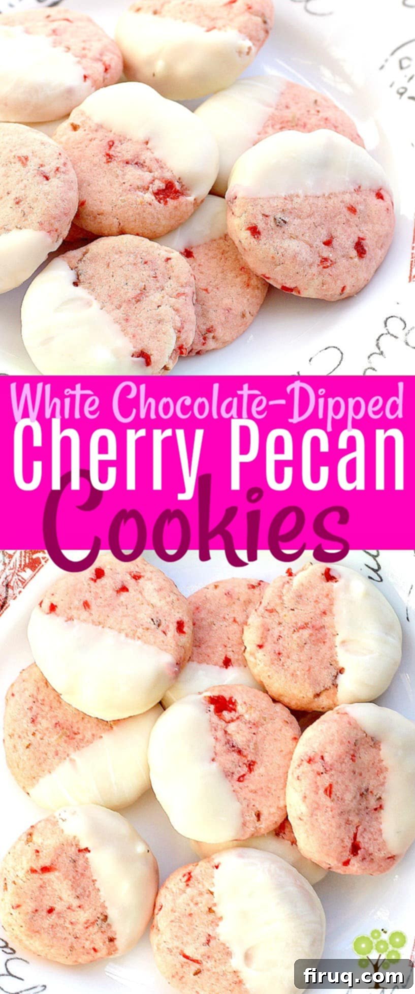 Heavenly Cherry Pecan White Chocolate Treats 6 White Chocolate-Dipped, Cherry Pecan Cookies #cookies #food #recipe #pink