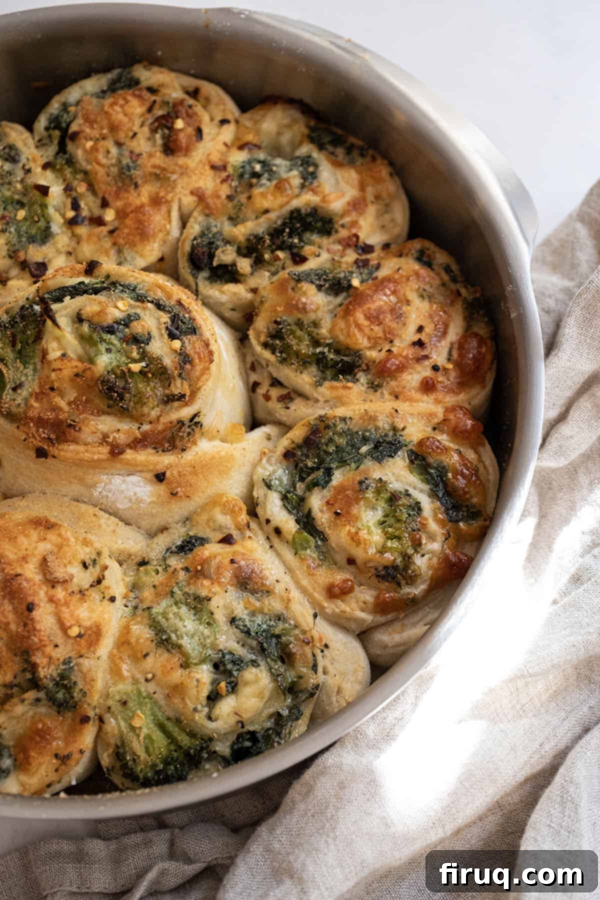 Garden Fresh Stromboli 2 Veggie pinwheels baked in a cake pan, golden brown and crispy.