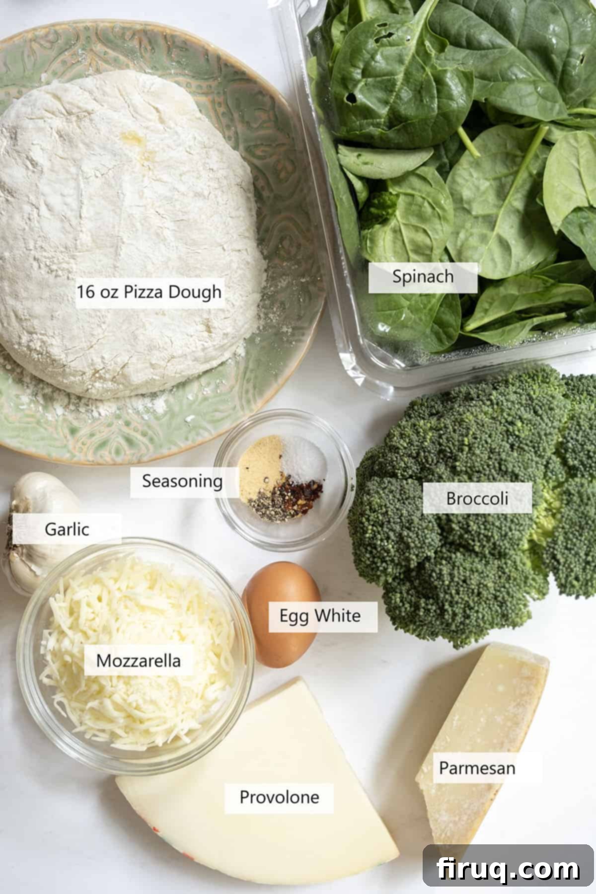 Garden Fresh Stromboli 3 Ingredients for veggie pinwheels laid out on a wooden board: pizza dough, broccoli, spinach, garlic, and three types of cheese.