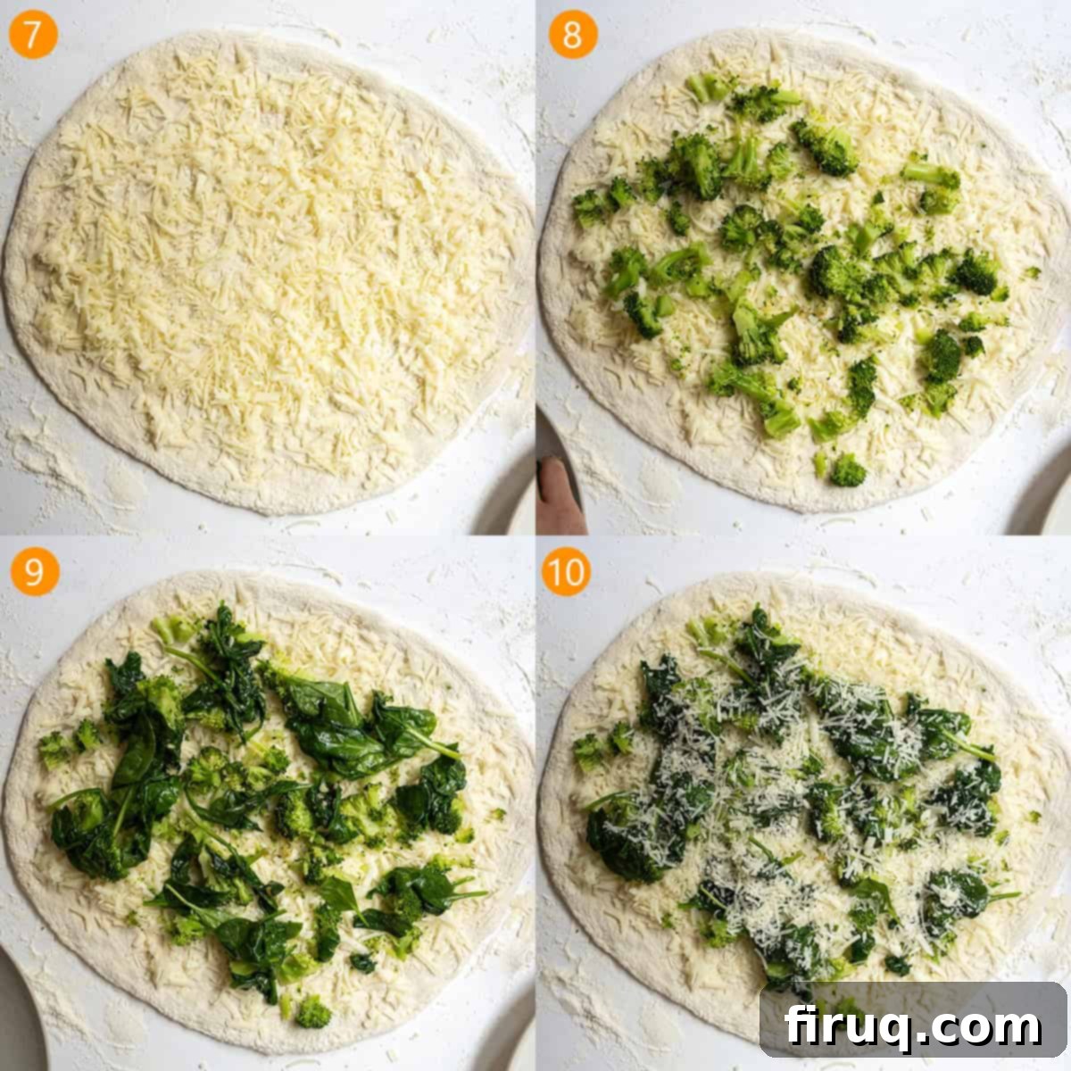 Garden Fresh Stromboli 7 Pizza dough spread with mozzarella, provolone, broccoli, spinach, and parmesan cheese, ready to be rolled.