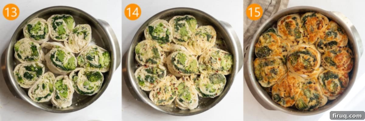 Garden Fresh Stromboli 9 Veggie pinwheels arranged in a cake pan and brushed with egg whites, seasoned, and ready for baking.