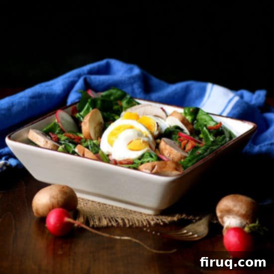 Spinach Salad Recipe Card Warm Spinach Salad with Bacon, Eggs, and Mushrooms